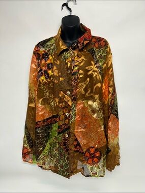 Women's Multi-Color Floral Satin Button-Up Top - XL bohemian Y2K vintage